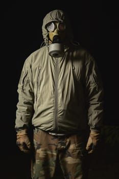 man in a gas mask protects himself from coronavirus at night