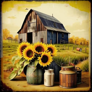 Vintage image of a rural farm wooden house with an antique milk can, a dilapidated barn, a bouquet of sunflowers. Junk journal. photograph with wear and tear. Country mood.