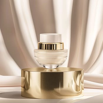 Face cream in a glass jar on a white and gold background. Skin care concept. Backdrop for beauty cosmetic products