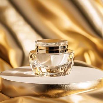 Face cream in a glass jar on a white and gold background. Skin care concept. Backdrop for beauty cosmetic products