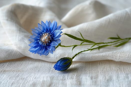 A cornflower flower lies on linen. Textiles for a cozy home.