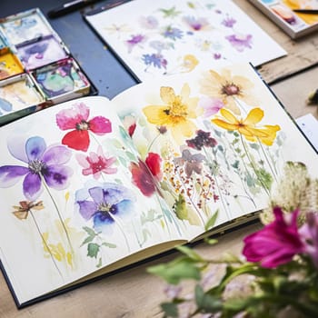 Watercolour painting of wildflowers in a sketchbook, surrounded by an array of watercolour paints and brushes on a wooden table, hobby and craft idea