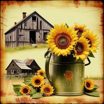 Vintage image of a rural farm wooden house with an antique milk can, a dilapidated barn, a bouquet of sunflowers. Junk journal. photograph with wear and tear. Country mood.