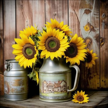 Vintage image of a rural farm wooden house with an antique milk can, a dilapidated barn, a bouquet of sunflowers. Junk journal. photograph with wear and tear. Country mood.