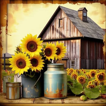 Vintage image of a rural farm wooden house with an antique milk can, a dilapidated barn, a bouquet of sunflowers. Junk journal. photograph with wear and tear. Country mood.