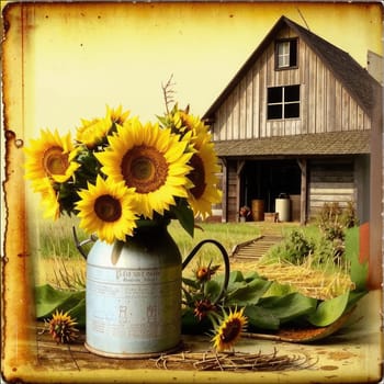 Vintage image of a rural farm wooden house with an antique milk can, a dilapidated barn, a bouquet of sunflowers. Junk journal. photograph with wear and tear. Country mood.