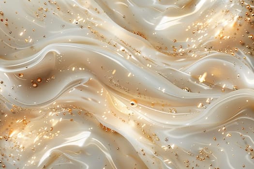 Golden milk pearl river. Solid wavy texture with gold plating and pearls. Luxurious background.