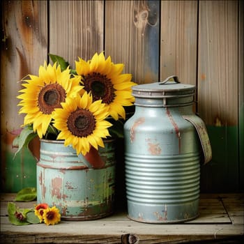 Vintage image of a rural farm wooden house with an antique milk can, a dilapidated barn, a bouquet of sunflowers. Junk journal. photograph with wear and tear. Country mood.