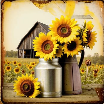 Vintage image of a rural farm wooden house with an antique milk can, a dilapidated barn, a bouquet of sunflowers. Junk journal. photograph with wear and tear. Country mood.