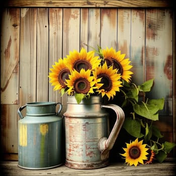 Vintage image of a rural farm wooden house with an antique milk can, a dilapidated barn, a bouquet of sunflowers. Junk journal. photograph with wear and tear. Country mood.