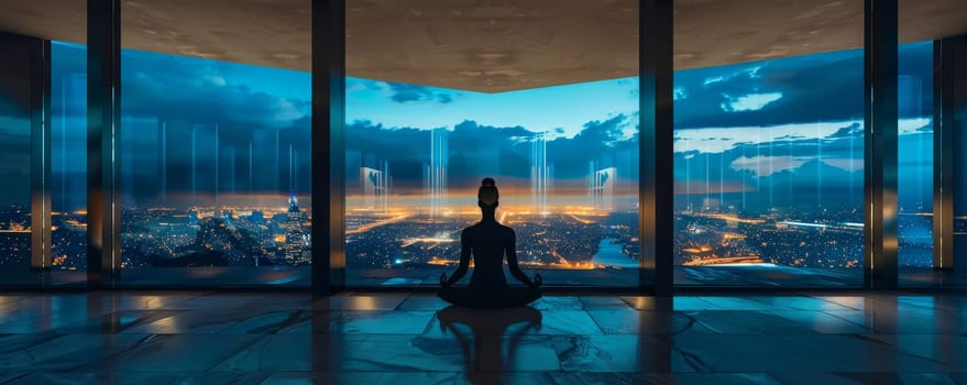 Person meditating in skyscraper with cityscape view at twilight, tranquility and urban serenity concept.