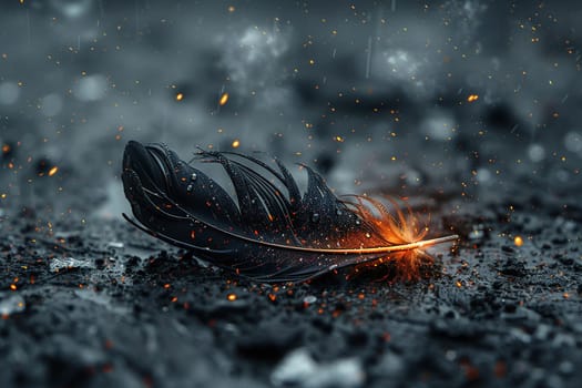 Black feather with sparks of fire on an ashen surface with a blurred background.