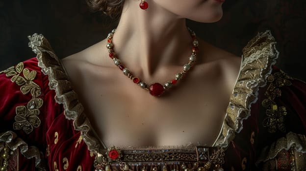Close-up of woman wearing vintage red dress with ornate necklace, detailed embroidery. Historical fashion and elegance concept.