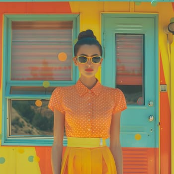 A woman with sunglasses stands in front of a colorful building with an orange door. She wears a yellow sleeve top and electric blue eyewear, showcasing a trendy fashion design