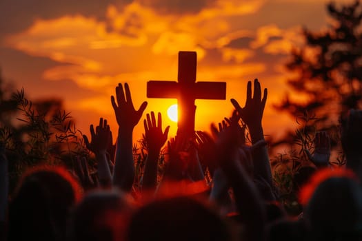 A wooden cross is standing in a field of yellow flowers. The sun is setting in the background, casting a warm glow over the scene. The cross and the flowers create a peaceful and serene atmosphere