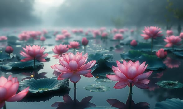 Twilight Lotus Pond Serenity. Selective focus.