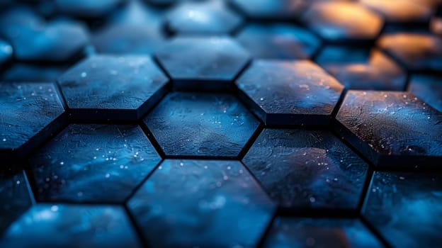 Close-up of blue textured hexagonal tiles with light reflections, abstract geometric background. Modern design and technology concept.