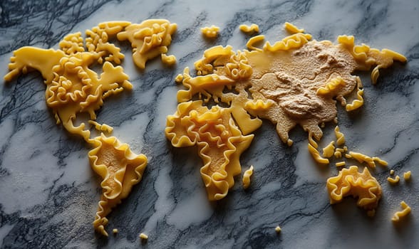 World map made from pasta. Selective focus.