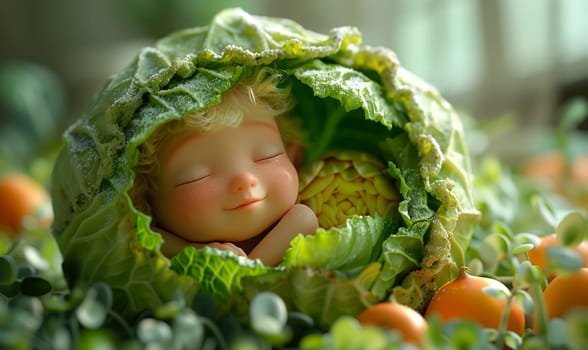 3D cartoon, a child in a head of cabbage. Selective focus.
