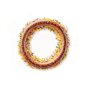 Sausage mandala an arrangement of grilled sausage links with juices dripping and mustard swirling. Food isolated on transparent background.