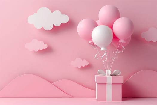 Balloons lift up a pink box with a gift on a pink background in paper cut style