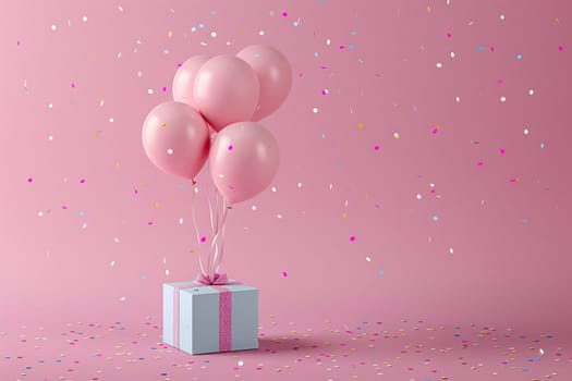 A blue gift box with a ribbon is tied to pink balloons on a pink background with confetti. Congratulatory background.