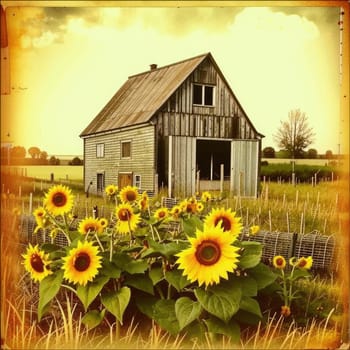 Vintage image of a rural farm wooden house with an antique milk can, a dilapidated barn, a bouquet of sunflowers. Junk journal. photograph with wear and tear. Country mood.