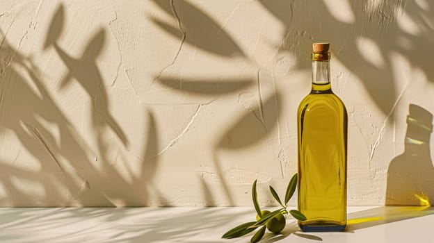 Olive oil bottle ad background with copyspace, vegetable oil commercial produce, food industry and retail concept