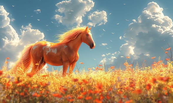 Horse Standing in Field of Flowers. Selective focus.