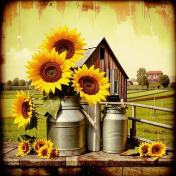 Vintage image of a rural farm wooden house with an antique milk can, a dilapidated barn, a bouquet of sunflowers. Junk journal. photograph with wear and tear. Country mood.