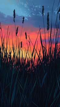 Tall grass at sunset with vibrant sky, nature landscape concept.