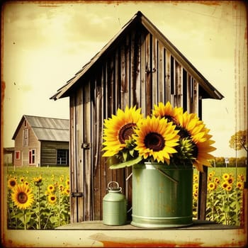 Vintage image of a rural farm wooden house with an antique milk can, a dilapidated barn, a bouquet of sunflowers. Junk journal. photograph with wear and tear. Country mood.