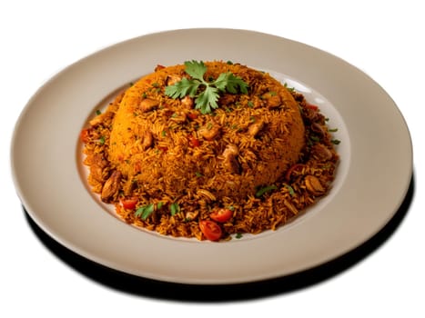 Jollof Rice vibrant plate of one pot jollof rice flavored with tomatoes onions and spices. Food isolated on transparent background.