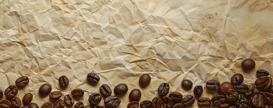 Coffee beans on crumpled parchment paper, vintage background. Rustic culinary concept.