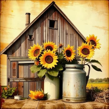 Vintage image of a rural farm wooden house with an antique milk can, a dilapidated barn, a bouquet of sunflowers. Junk journal. photograph with wear and tear. Country mood.