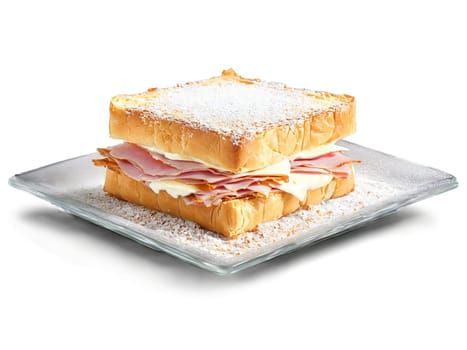 Sandwich Monte Cristo with ham turkey and Swiss dusted with powdered sugar served. Food isolated on transparent background.