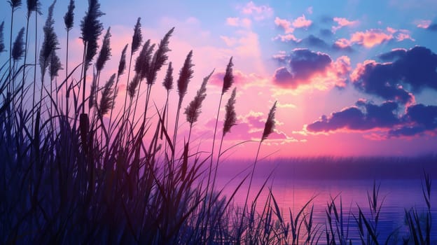 Sunset over lake with silhouettes of reed plants, serene evening light. Nature and tranquility concept.