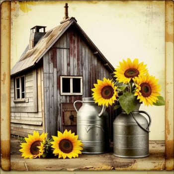 Vintage image of a rural farm wooden house with an antique milk can, a dilapidated barn, a bouquet of sunflowers. Junk journal. photograph with wear and tear. Country mood.