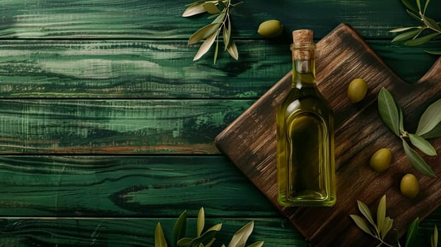 Olive oil bottle ad background with copyspace, vegetable oil commercial produce, food industry and retail concept