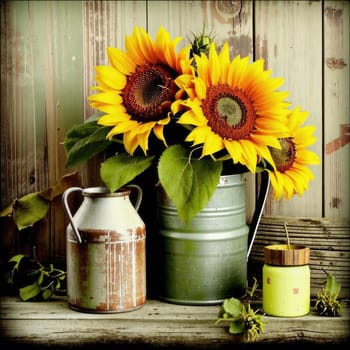 Vintage image of a rural farm wooden house with an antique milk can, a dilapidated barn, a bouquet of sunflowers. Junk journal. photograph with wear and tear. Country mood.