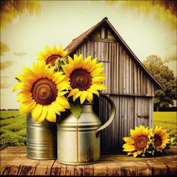 Vintage image of a rural farm wooden house with an antique milk can, a dilapidated barn, a bouquet of sunflowers. Junk journal. photograph with wear and tear. Country mood.