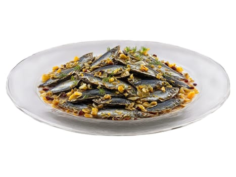 Sarde in Saor Venetian sweet and sour sardines with onions and raisins served. Food isolated on transparent background.