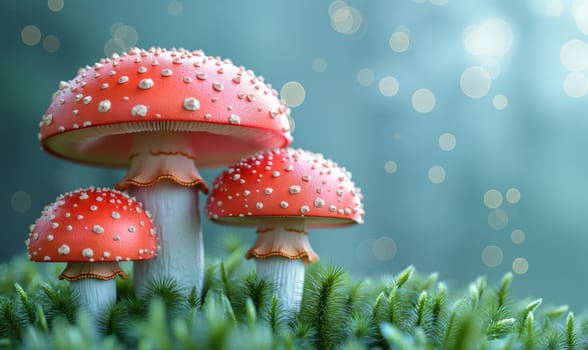 Illustration, fly agaric mushrooms in a clearing. Selective focus.