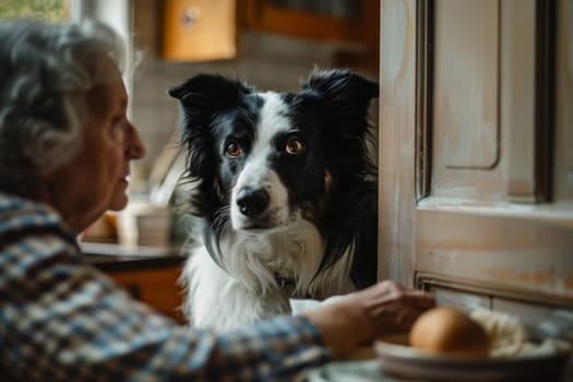 A black and white dog is sitting on a kitchen counter next to a sink. A woman is sitting at a table in the background