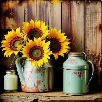 Vintage image of a rural farm wooden house with an antique milk can, a dilapidated barn, a bouquet of sunflowers. Junk journal. photograph with wear and tear. Country mood.