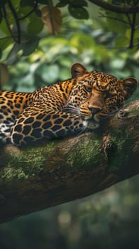 Leopard resting on a tree branch in dense forest, wildlife photography.