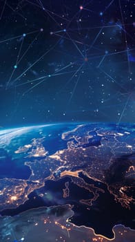 Night view of Europe from space with connected network lines, Earth and technology concept.