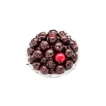 Chocolate covered cranberries tart and tangy bouncing and tumbling with a burst of vibrant red. Food isolated on transparent background.