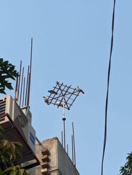 A group of pigeons are perched on a rooftop antenna against a clear blue sky. The antenna is a simple metal structure, with a grid pattern. The pigeons are facing different directions, appearing to be at rest. The building, partially constructed, is visible in the background.