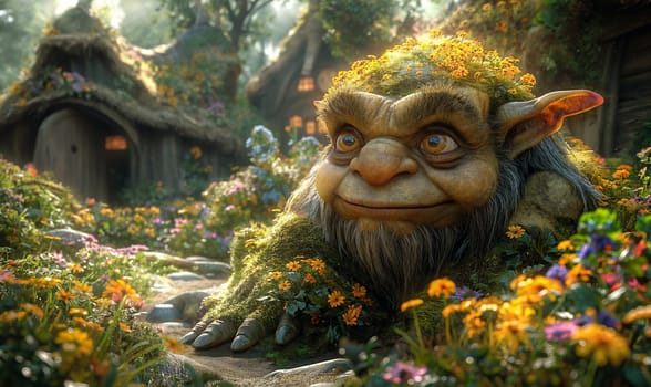 3D cartoon, troll in flowers in a fairytale village. Selective focus